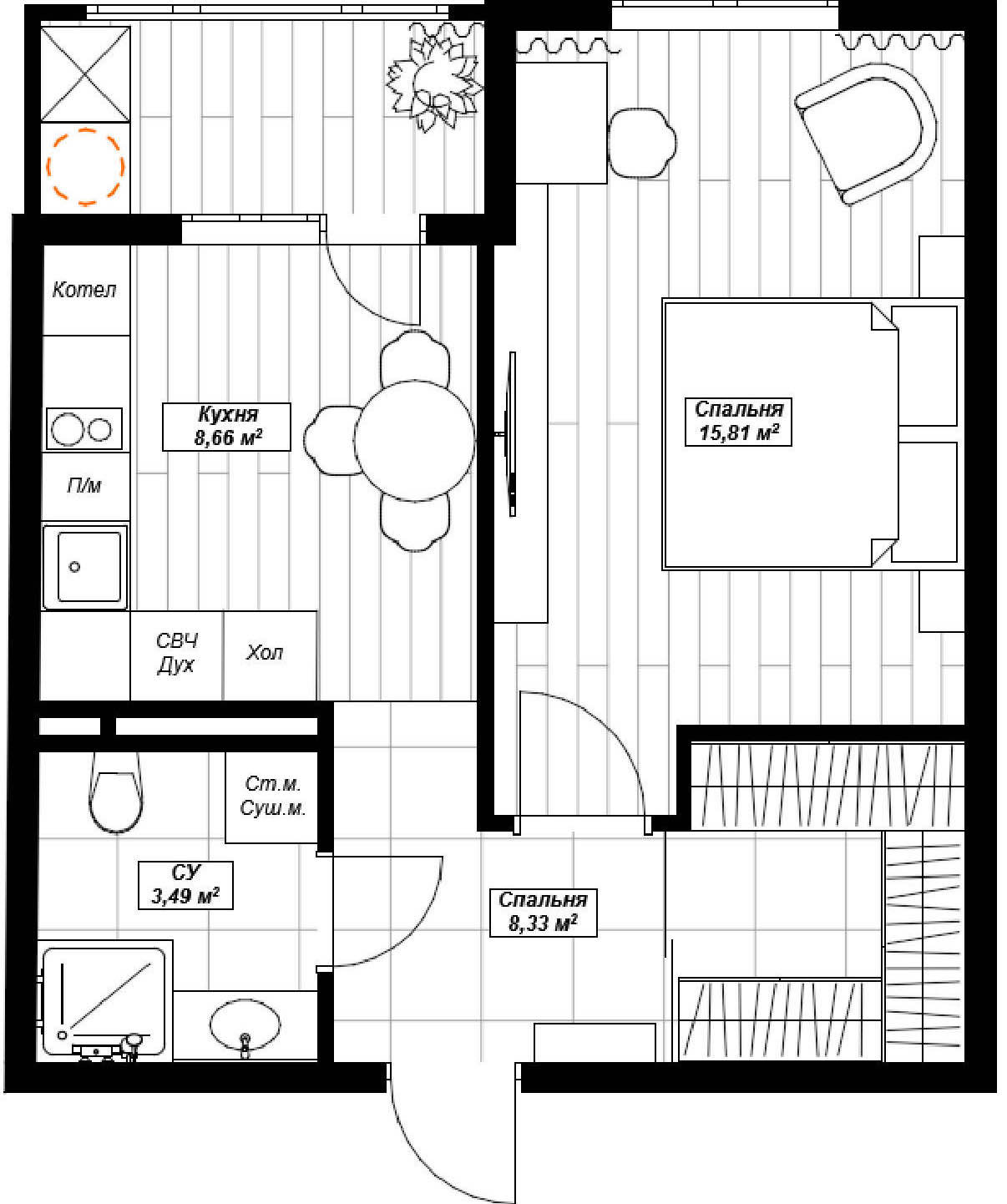 Планировка: 1-комнатная · 35,35 м²