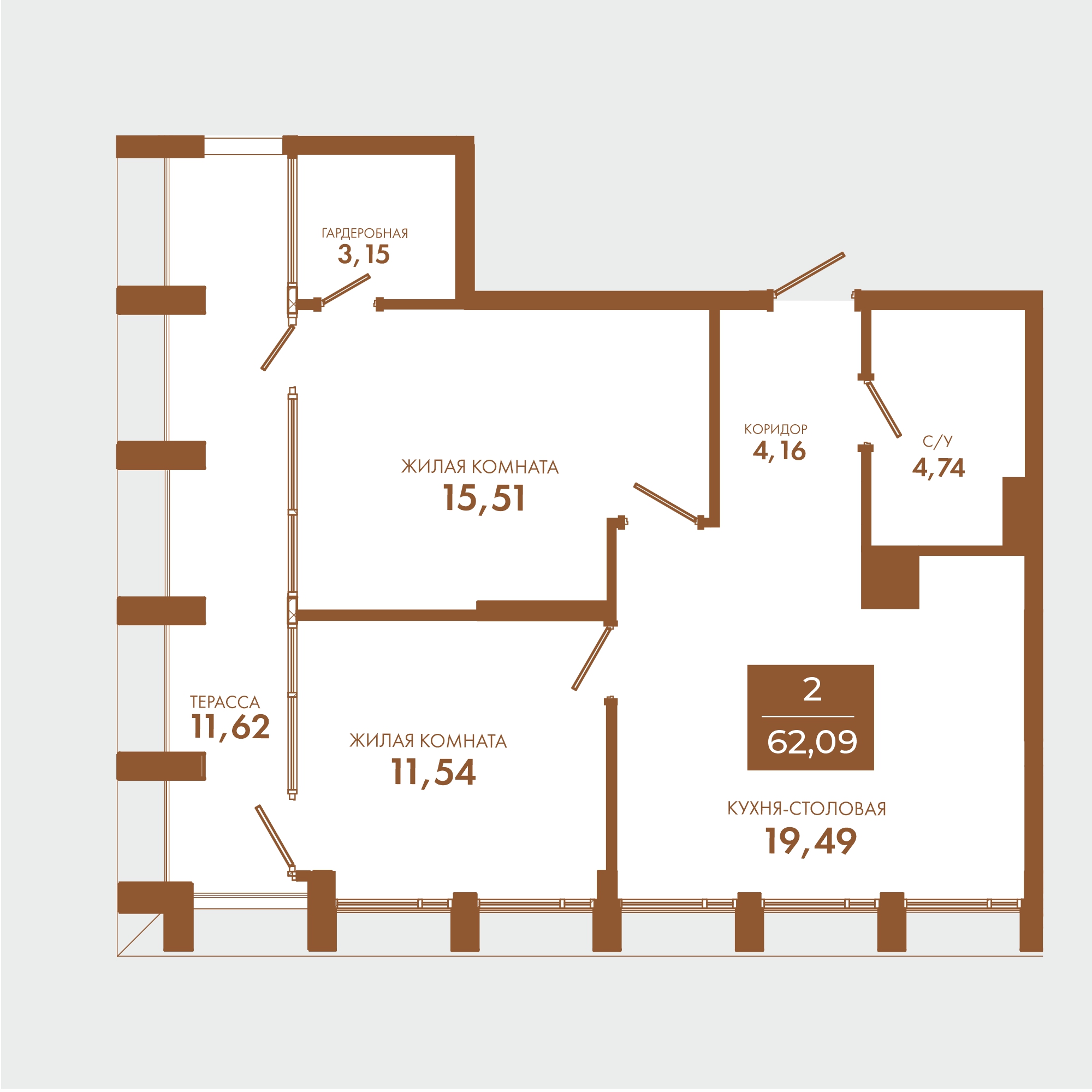 Планировка: 2-комнатная · 62,09 м²