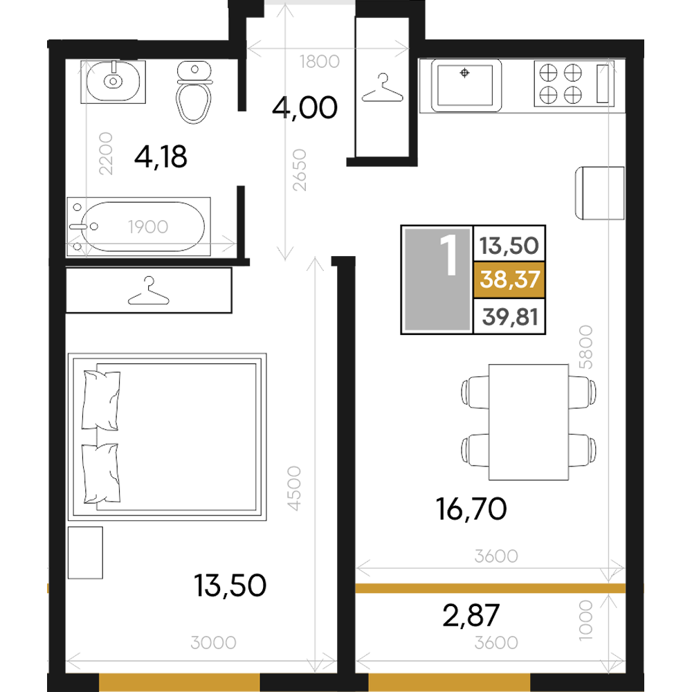 Планировка: 1-комнатная · 39,68 м²