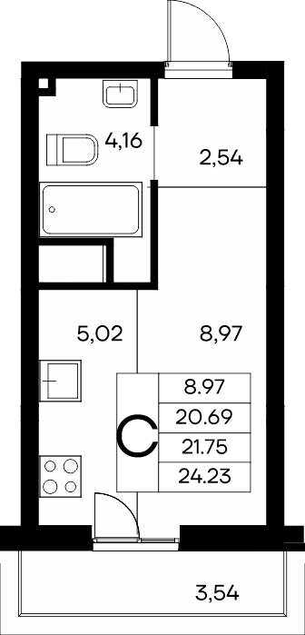 Планировка: Студия · 24,23 м²