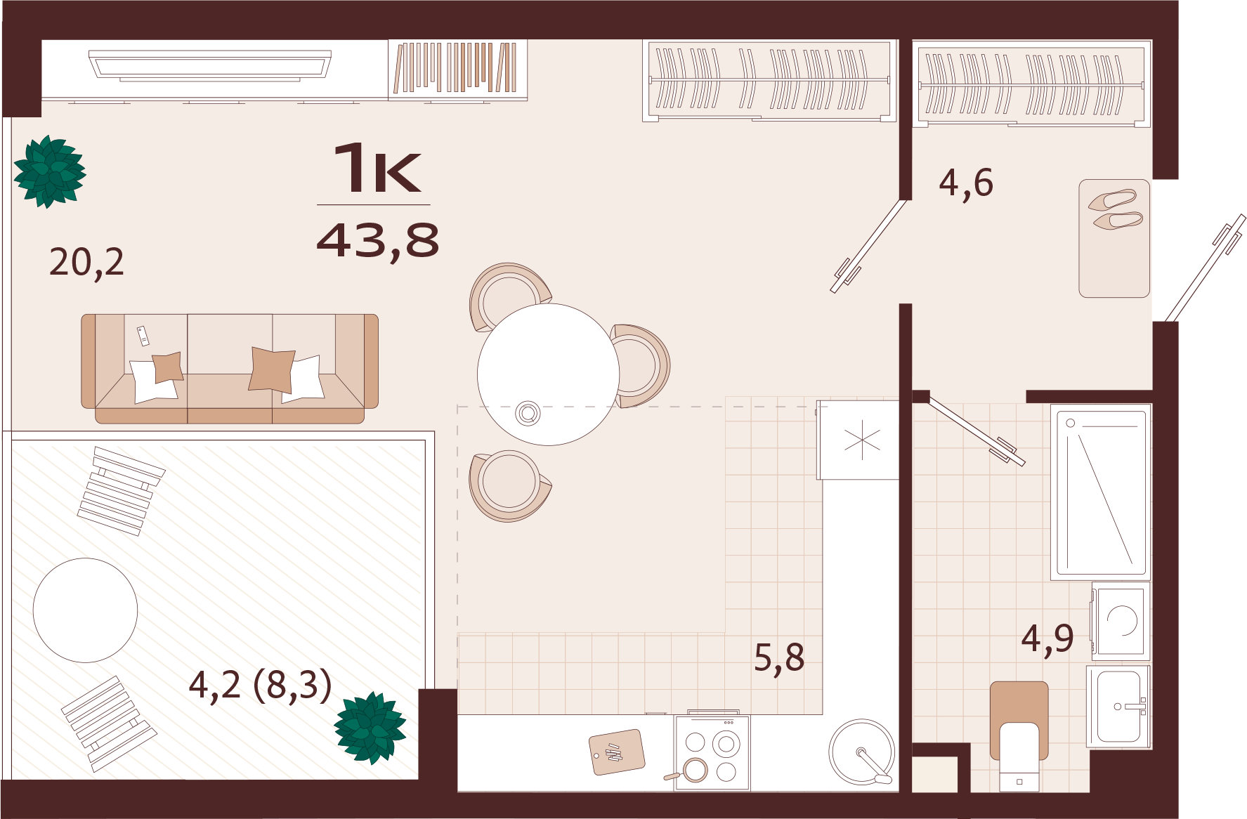 Планировка: 1-комнатная · 43,8 м²