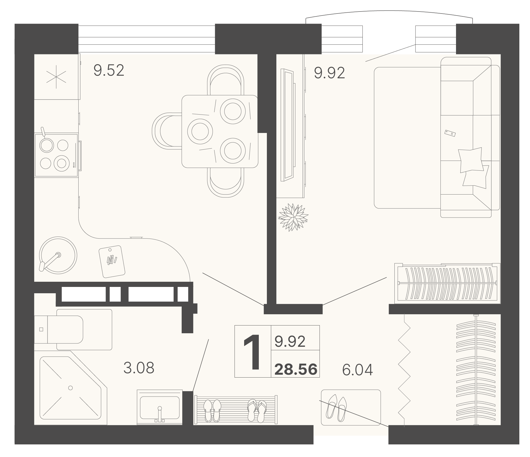 Планировка: 1-комнатная · 28,56 м²