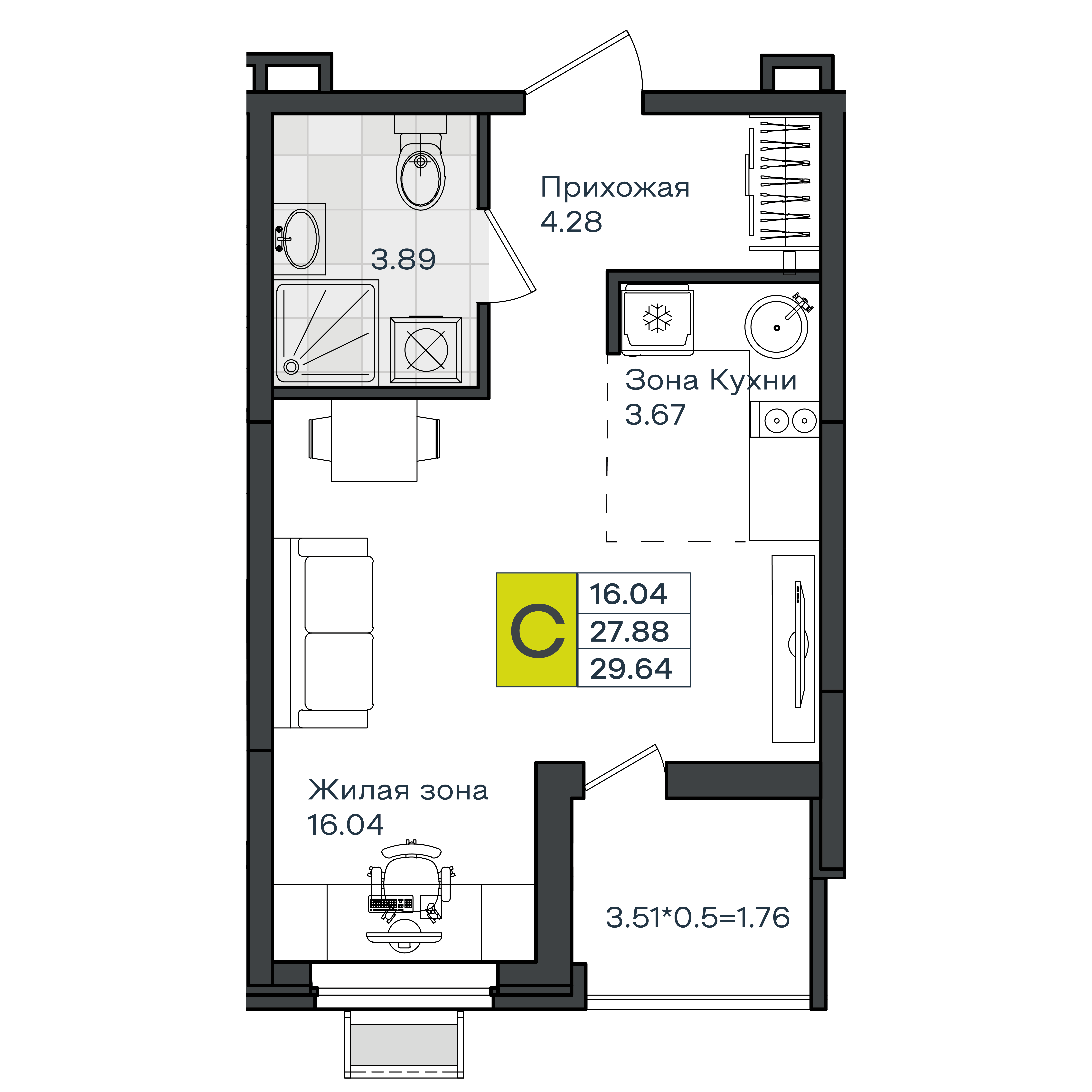 Планировка: Студия · 29,64 м²