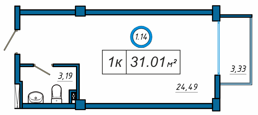 Планировка: 1-комнатная · 31,01 м²