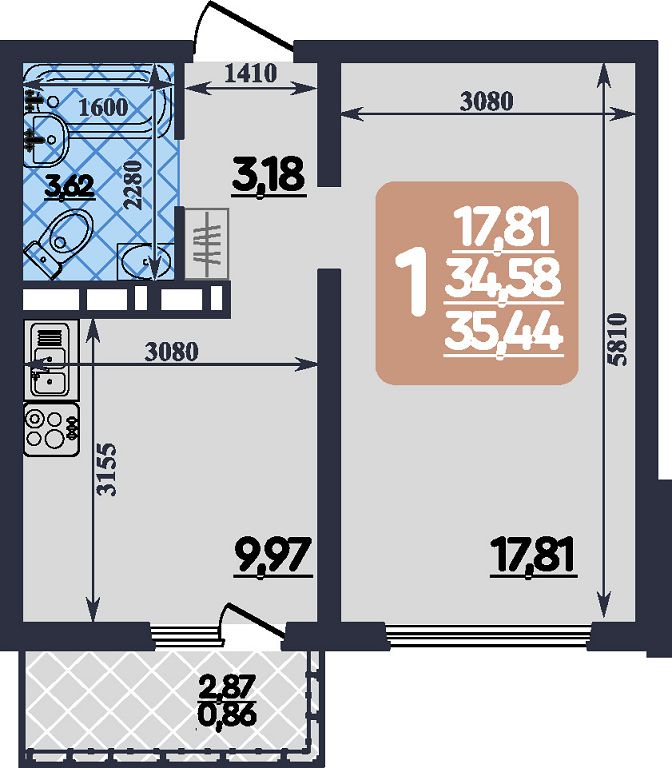 Планировка: 1-комнатная · 35,44 м²