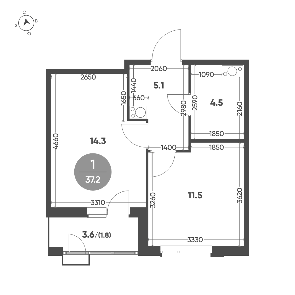 Планировка: 1-комнатная · 37,2 м²