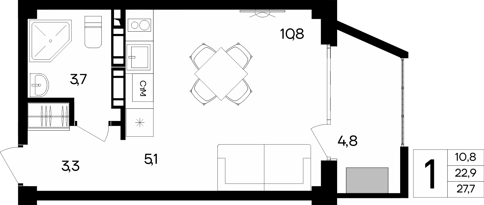 Планировка: 1-комнатная · 27,7 м²
