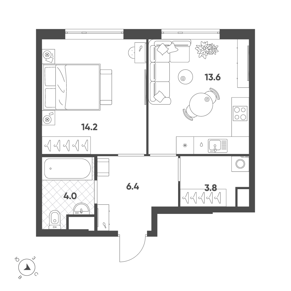 Планировка: 1-комнатная · 42 м²