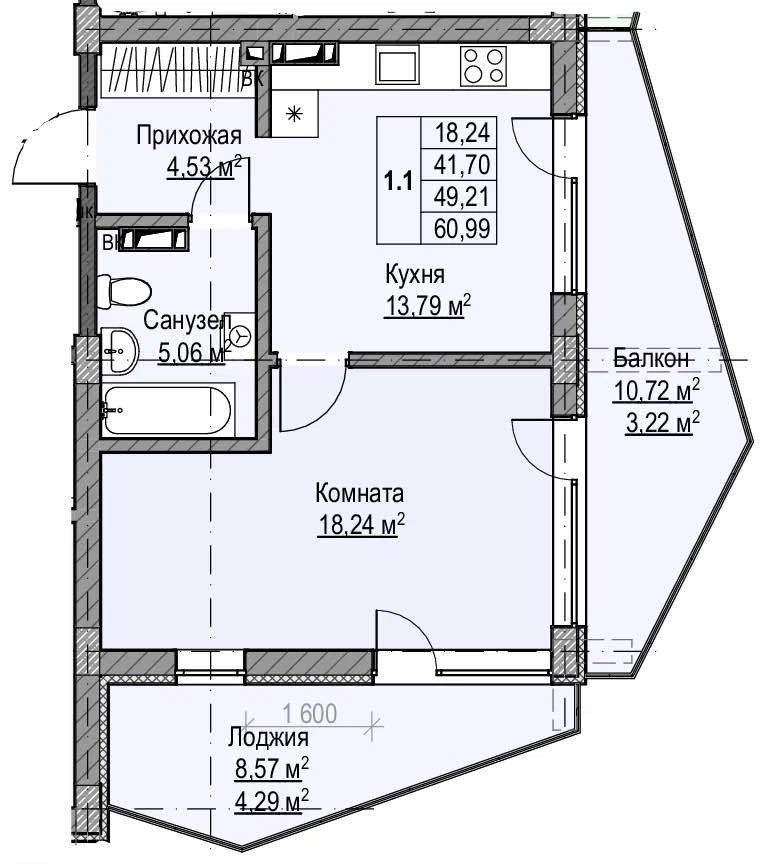 Планировка: 1-комнатная · 49,21 м²
