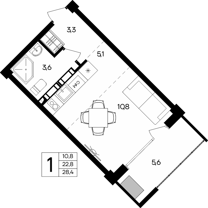 Планировка: 1-комнатная · 28,4 м²