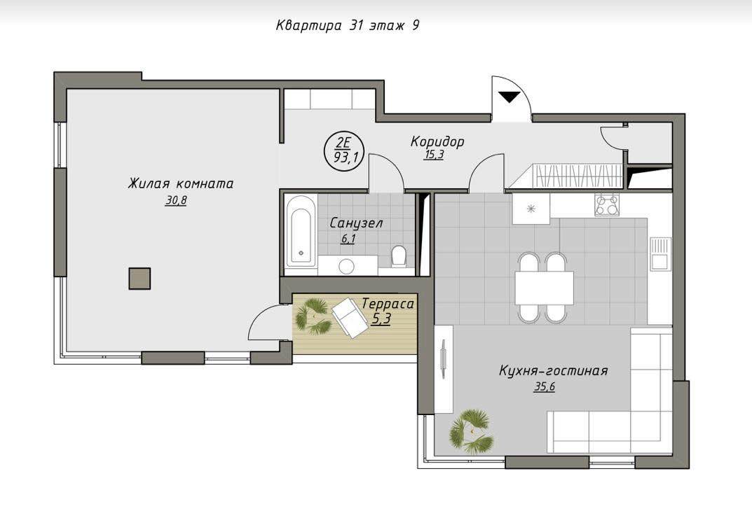 Планировка: 2-комнатная · 93,1 м²