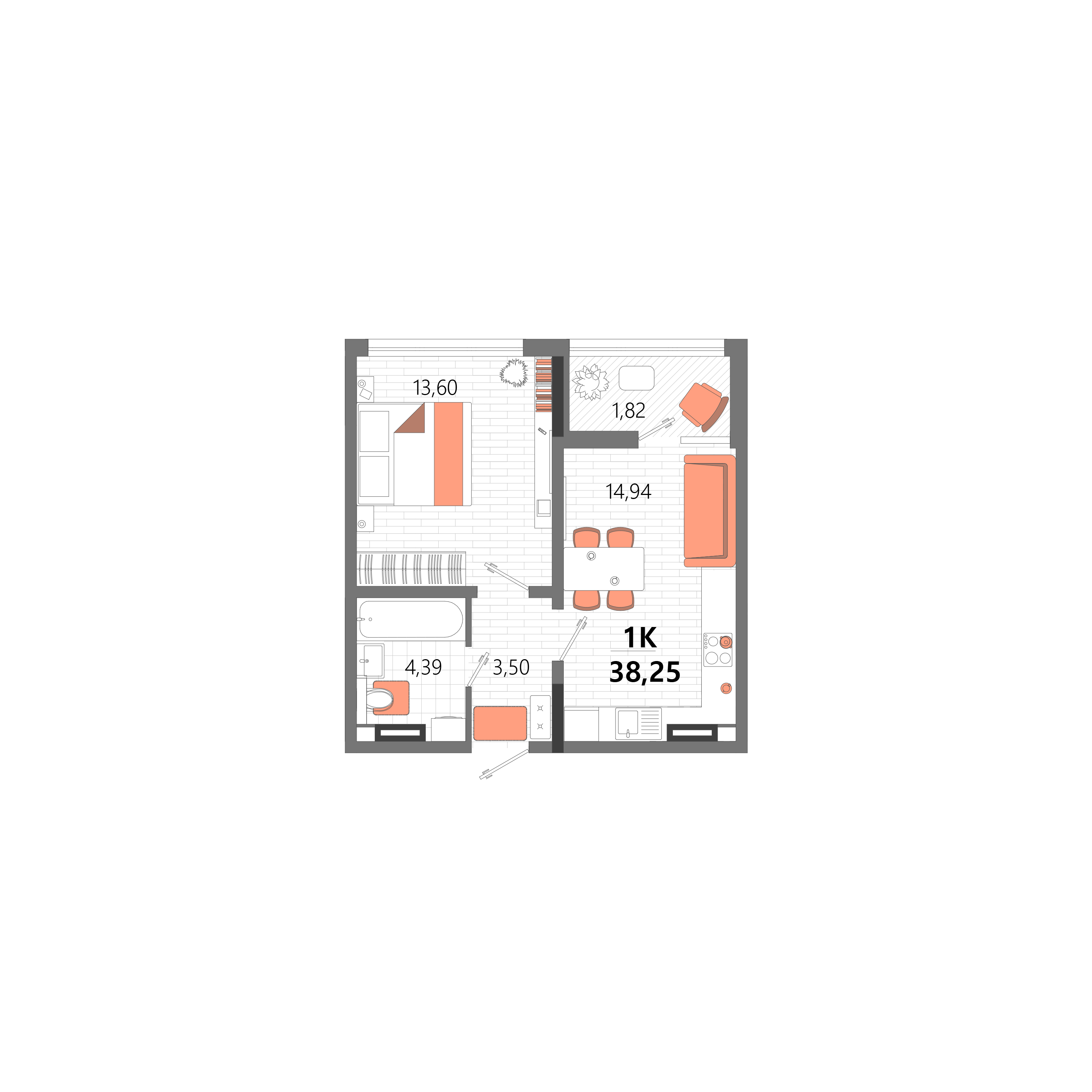 Планировка: 1-комнатная · 38,25 м²