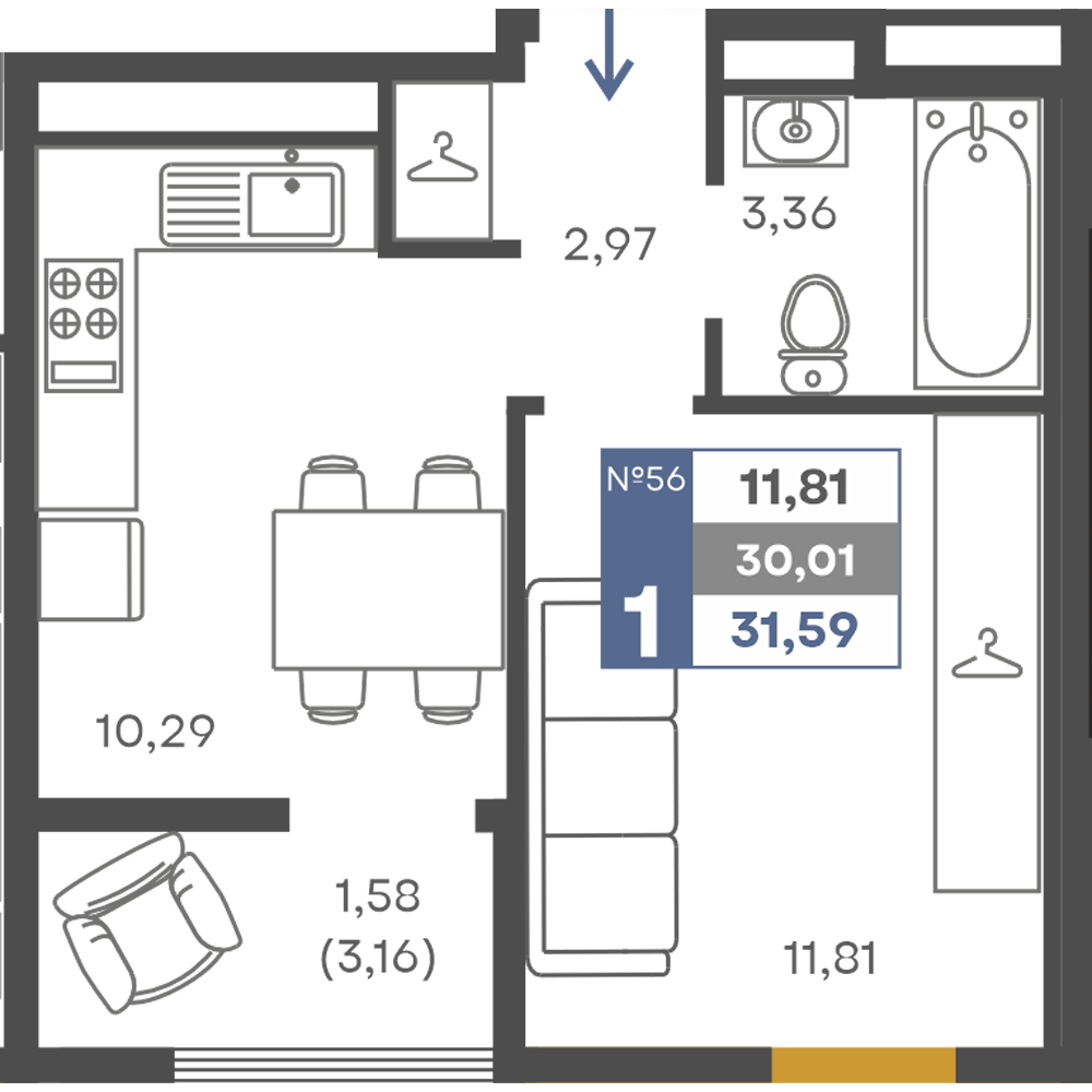 Планировка: 1-комнатная · 30,01 м²