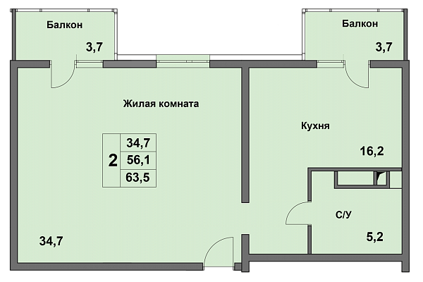 Планировка: 1-комнатная · 61,9 м²