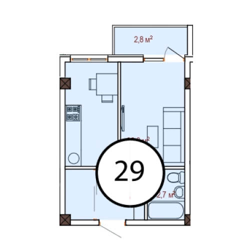 Планировка: 1-комнатная · 29 м²
