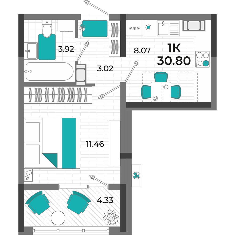 Планировка: 1-комнатная · 30,8 м²