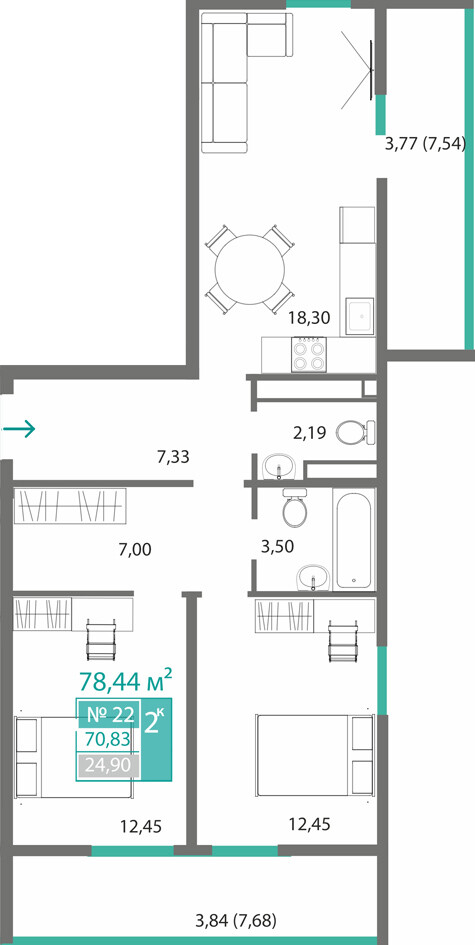 Планировка: 2-комнатная · 70,83 м²
