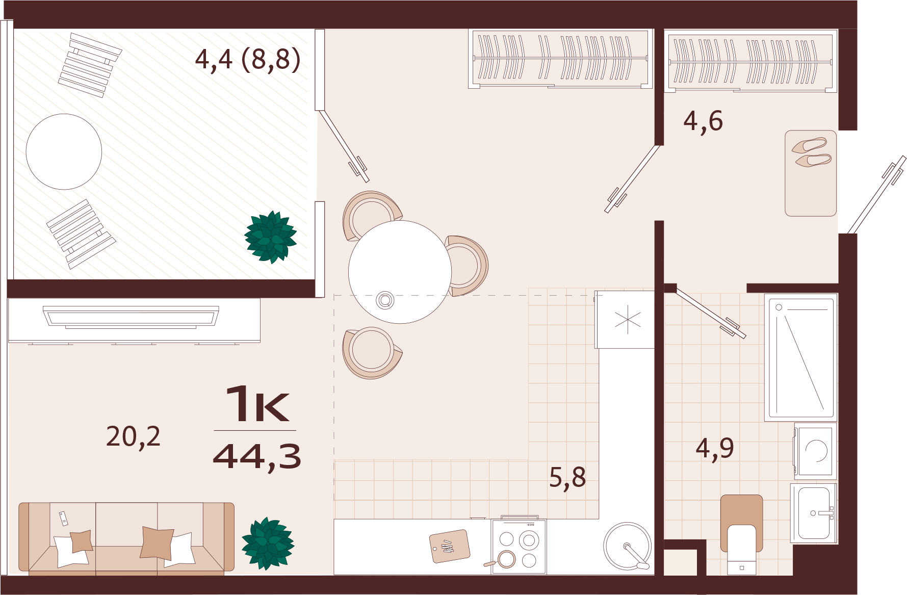 Планировка: 1-комнатная · 44,3 м²