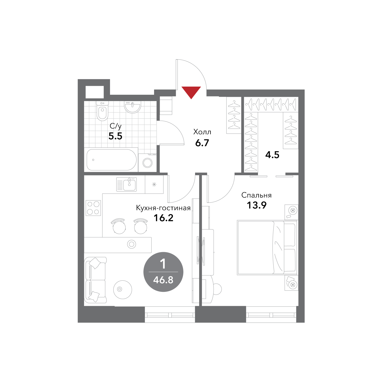 Планировка: 1-комнатная · 46,8 м²