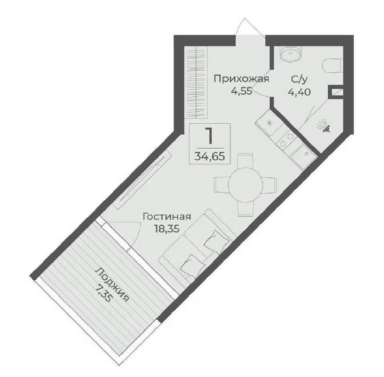 Планировка: 1-комнатная · 34,65 м²