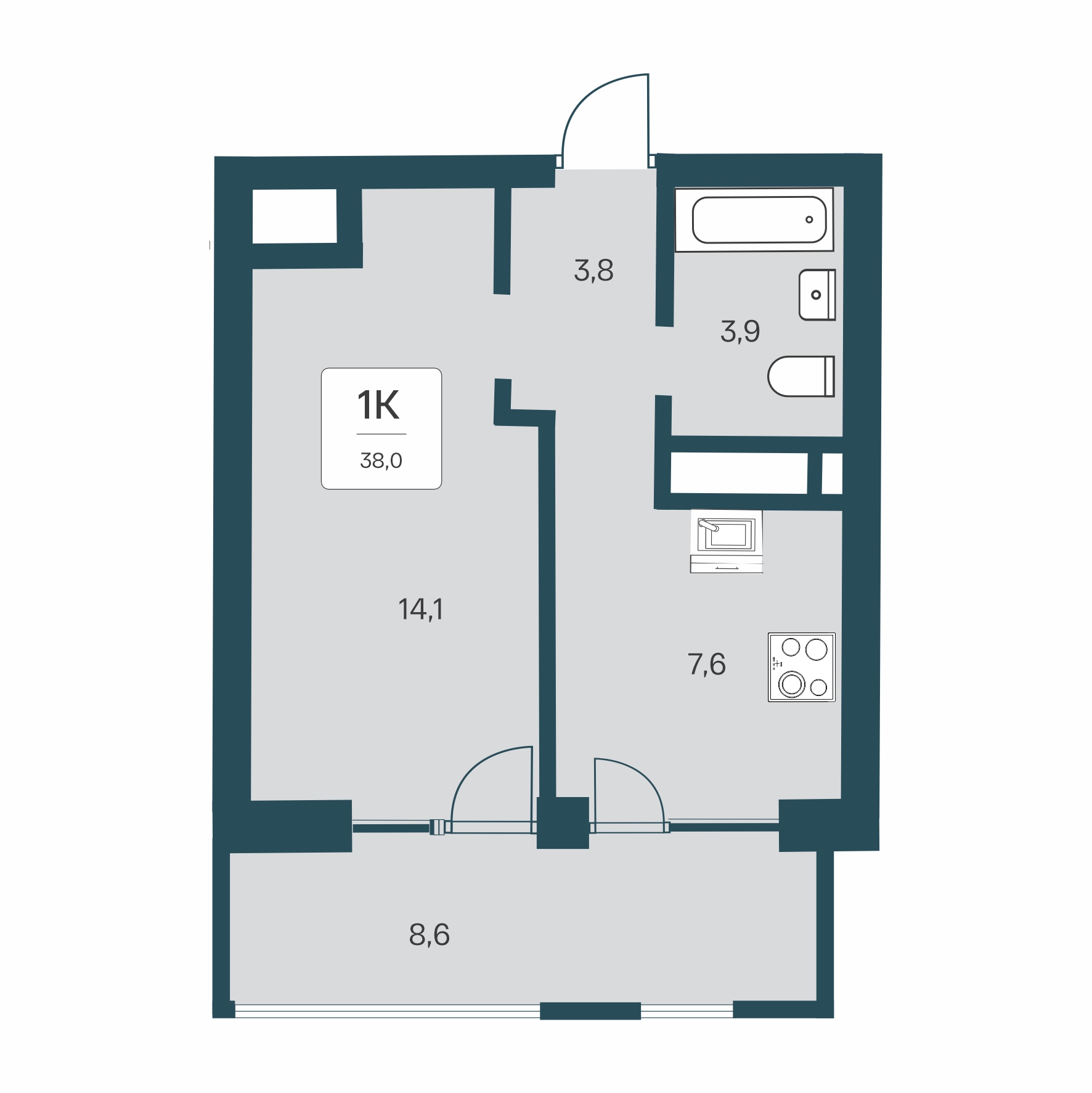Планировка: 1-комнатная · 38 м²