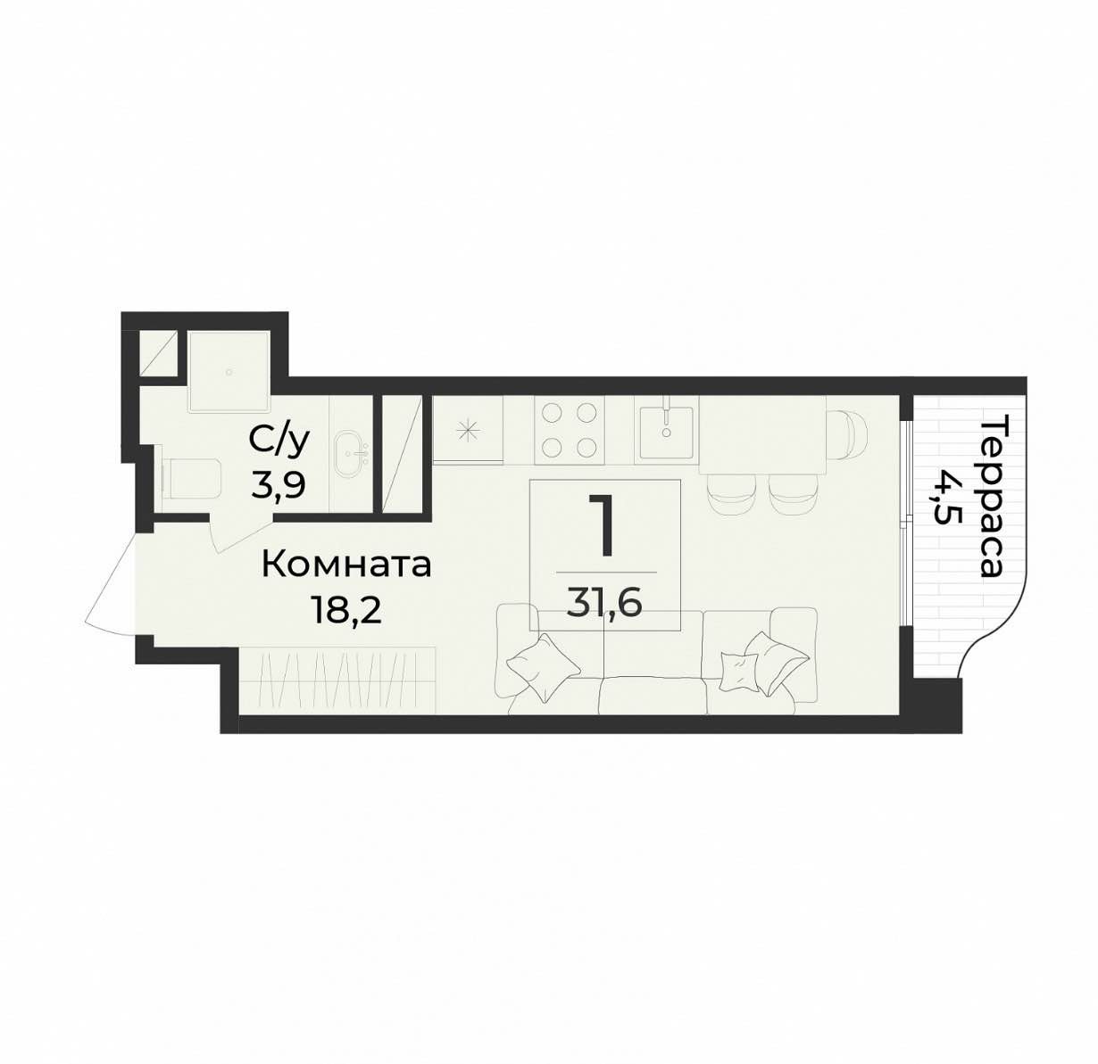 Планировка: 1-комнатная · 31,6 м²