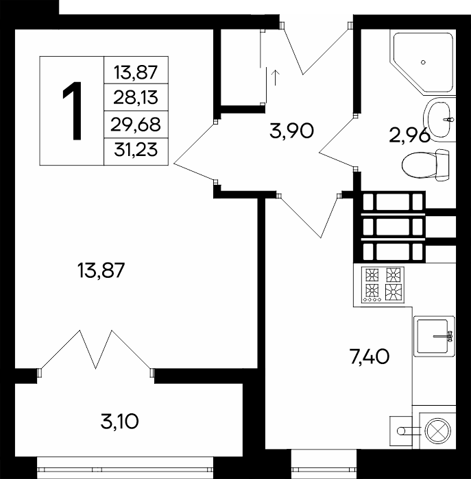 Планировка: 1-комнатная · 31,23 м²