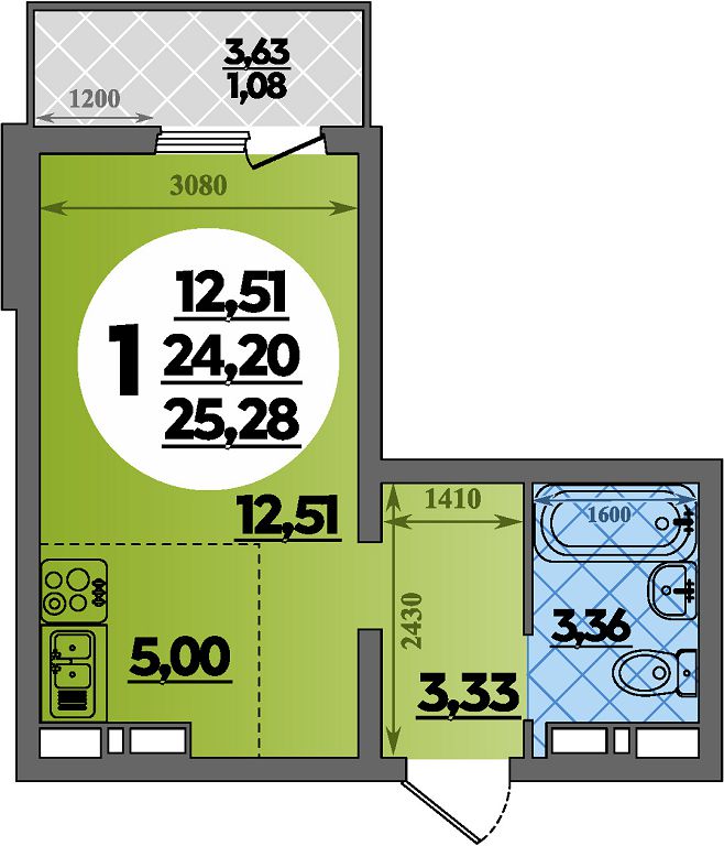 Планировка: Студия · 25,28 м²