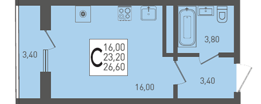 Планировка: Студия · 26,6 м²