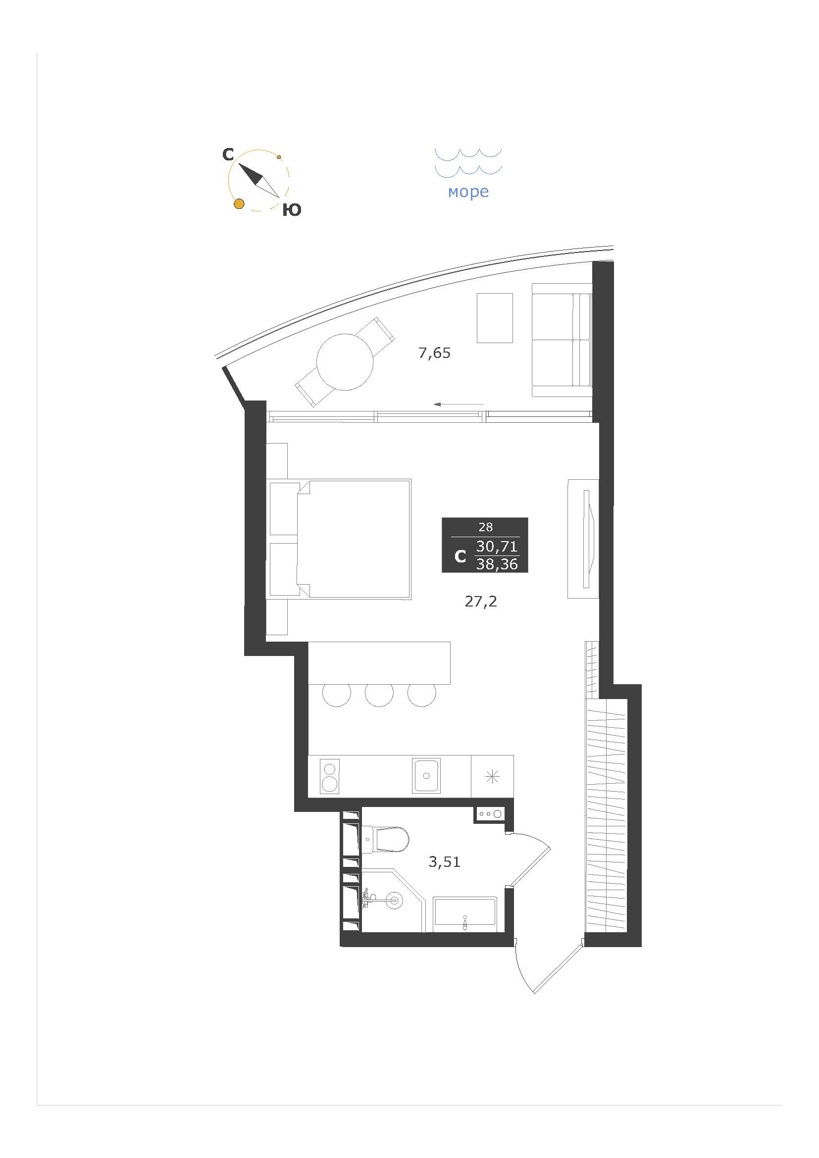 Планировка: Студия · 38,36 м²