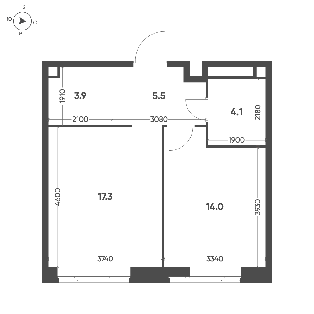 Планировка: 1-комнатная · 44,8 м²