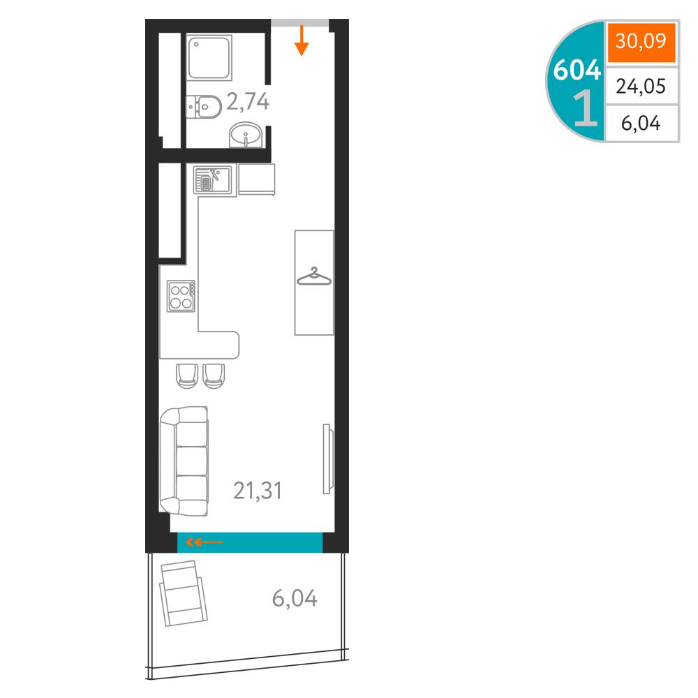 Планировка: Апартаменты · 30,09 м²