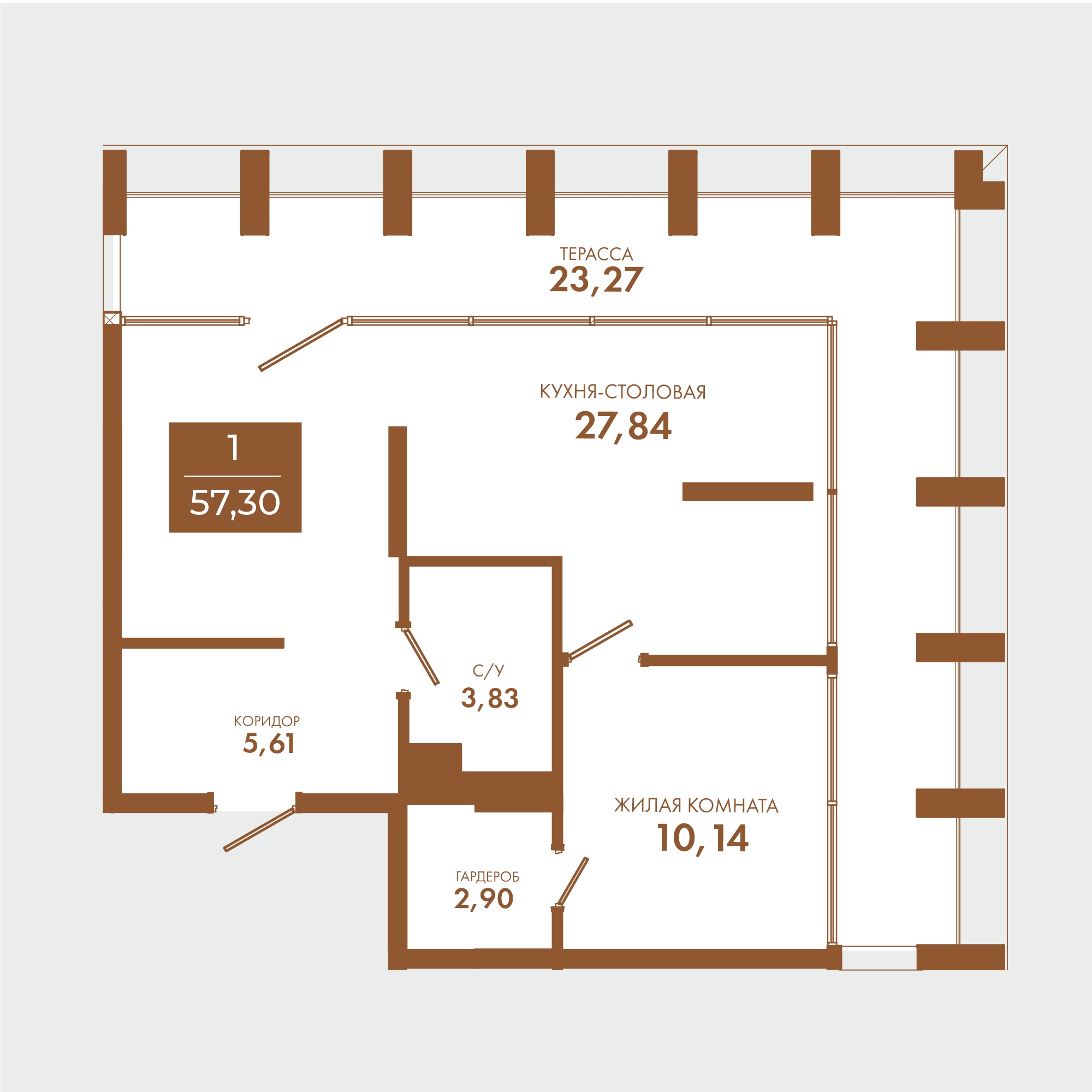 Планировка: 1-комнатная · 57,3 м²