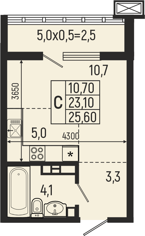 Планировка: Студия · 25,6 м²