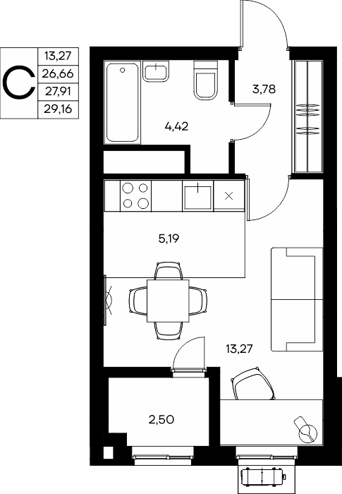 Планировка: Студия · 29,03 м²
