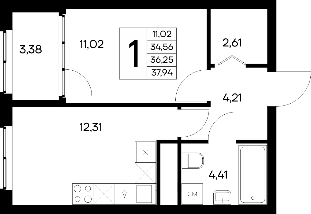 Планировка: 1-комнатная · 37,94 м²