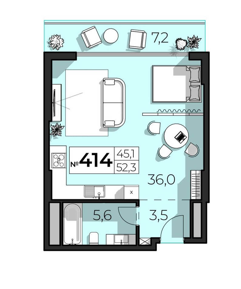 Планировка: 2-комнатная · 52,3 м²