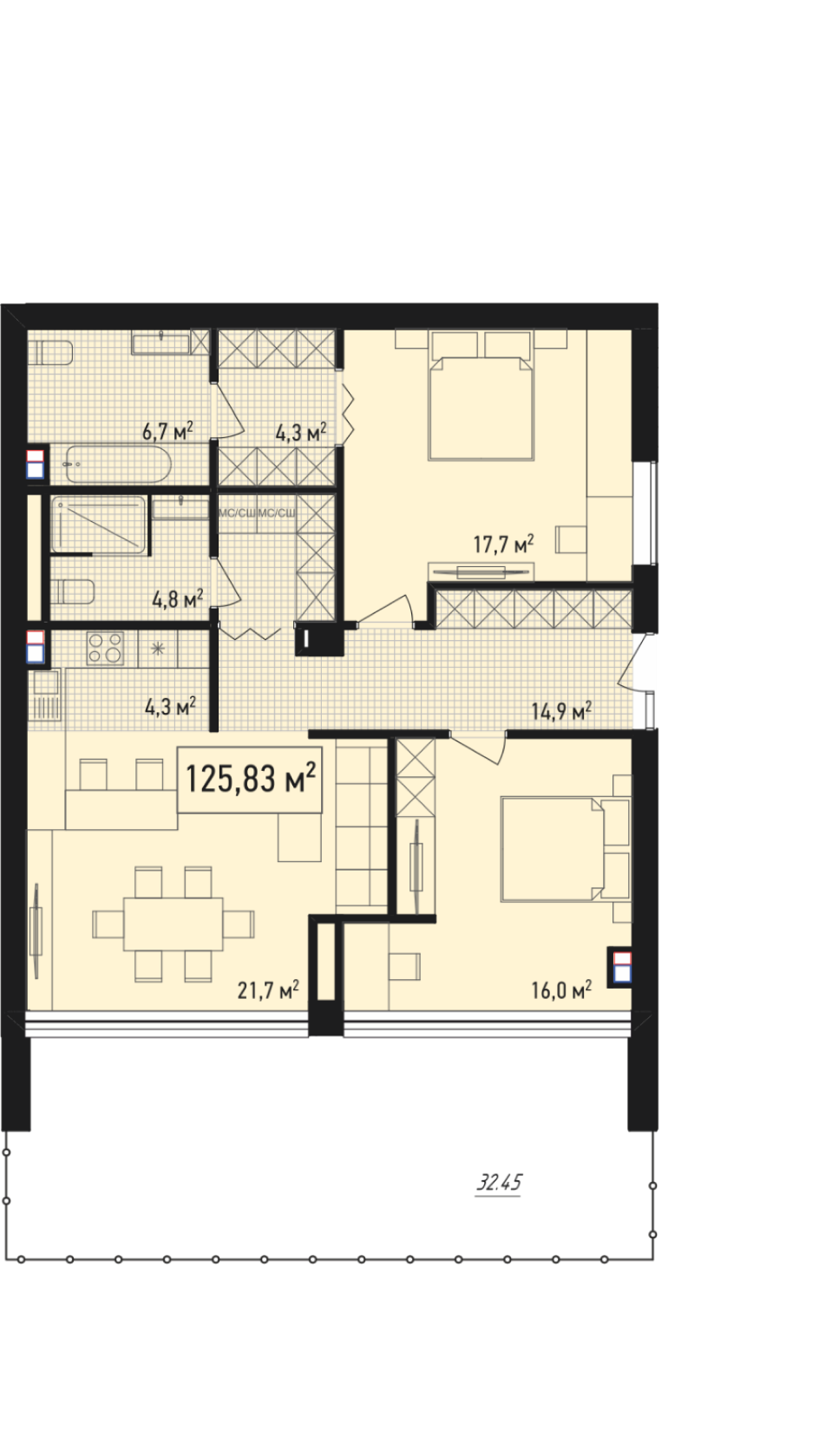 Планировка: 3-комнатная · 126,9 м²
