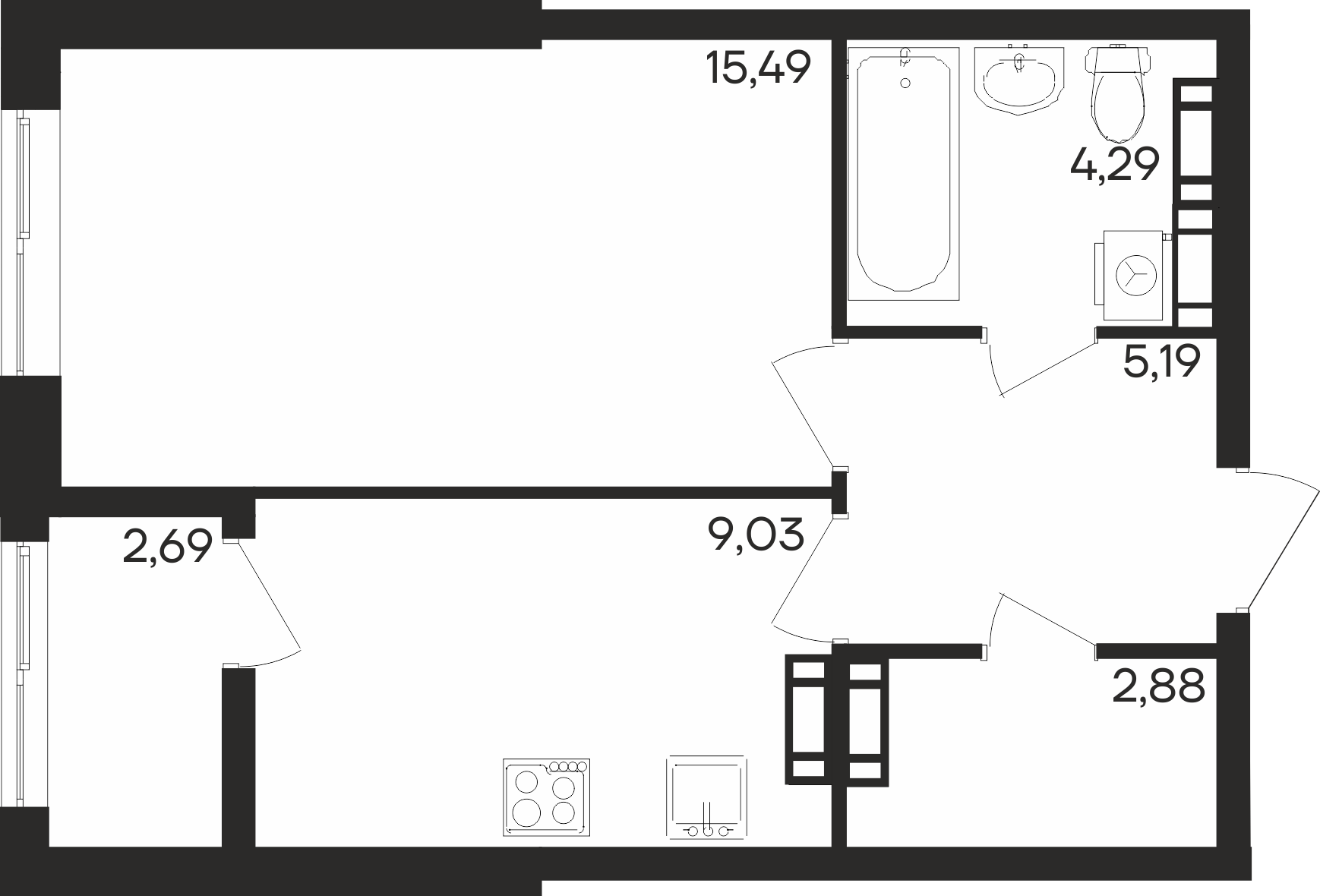 Планировка: 1-комнатная · 39,57 м²