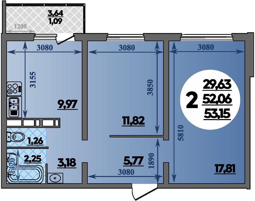 Планировка: 2-комнатная · 53,15 м²