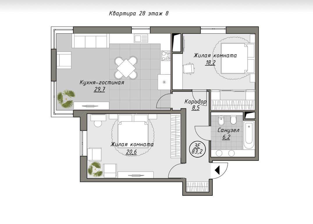 Планировка: 2-комнатная · 83,2 м²