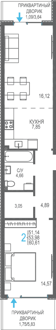 Планировка: 2-комнатная · 60,61 м²