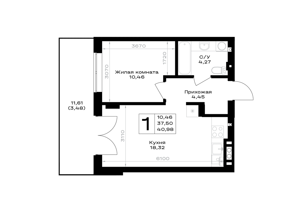Планировка: 1-комнатная · 40,98 м²