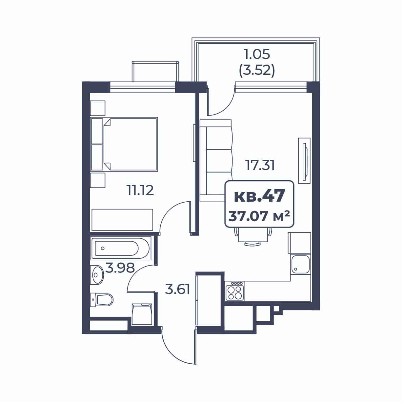 Планировка: 1-комнатная · 37,07 м²