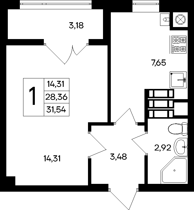 Планировка: 1-комнатная · 31,54 м²