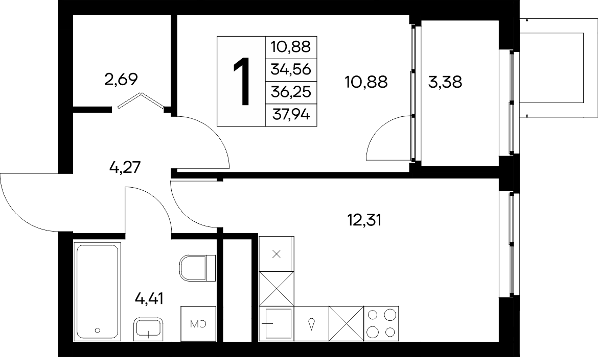 Планировка: 1-комнатная · 37,94 м²