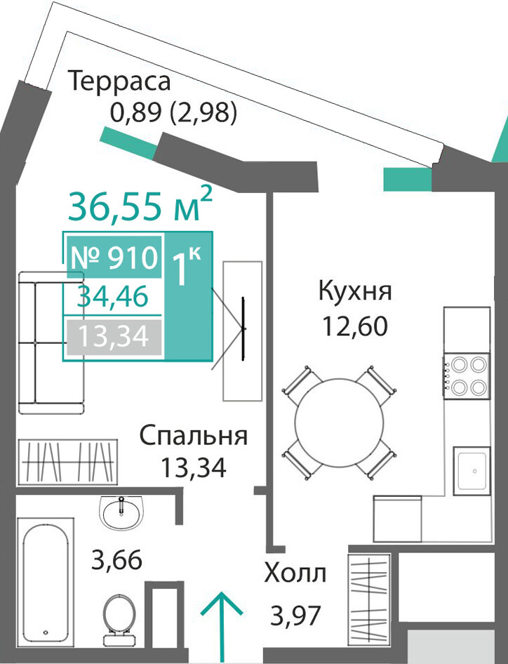 Планировка: 1-комнатная · 34,46 м²