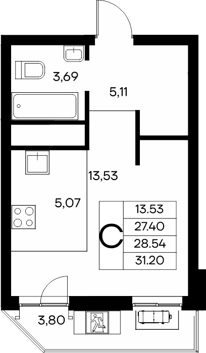Планировка: Студия · 31,2 м²