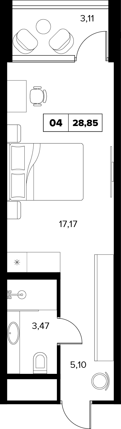 Планировка: 1-комнатная · 28,85 м²