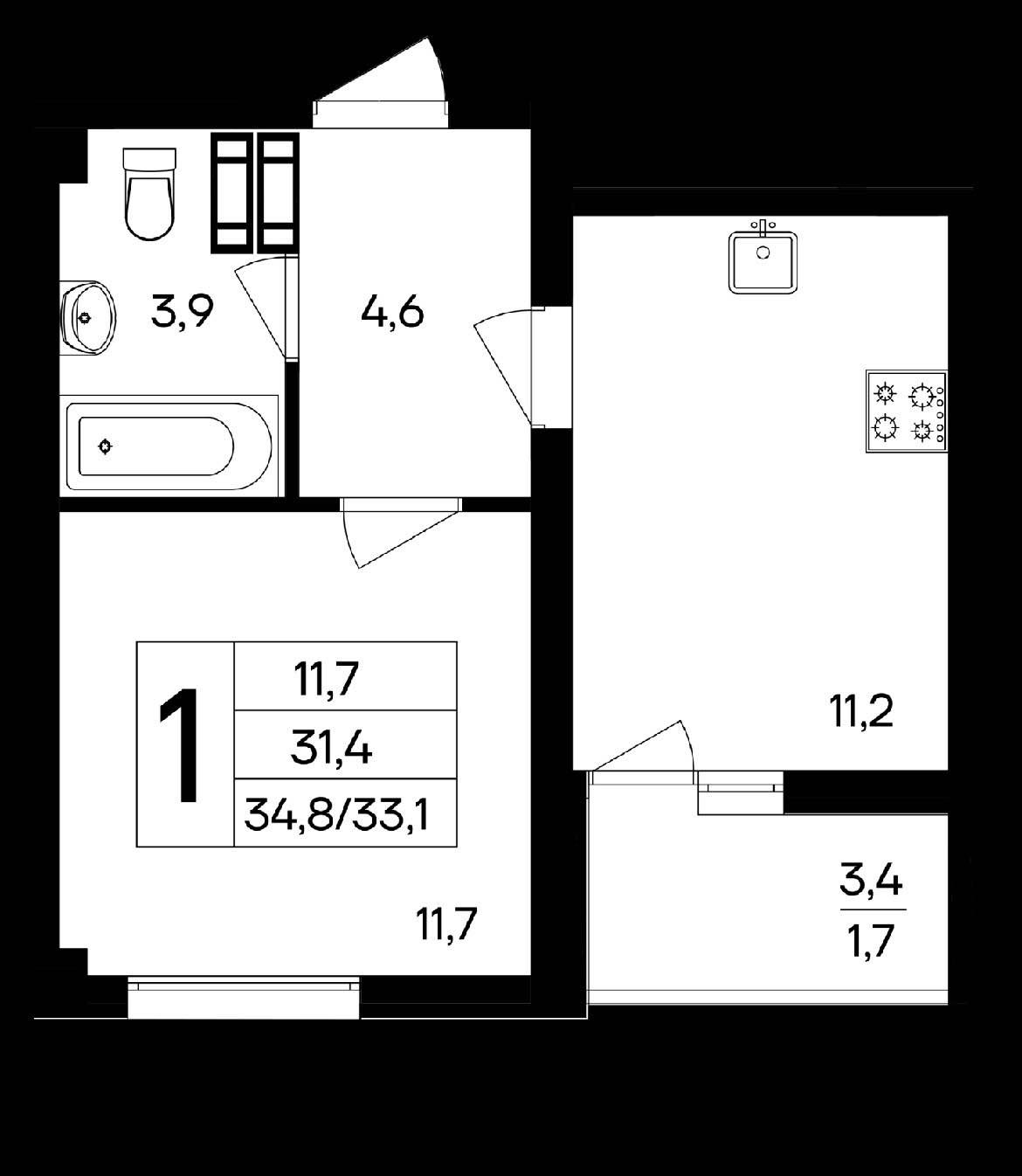 Планировка: 1-комнатная · 34,8 м²
